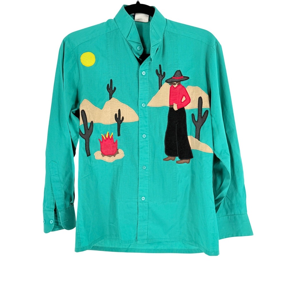 Vintage Southwestern Cowboy Applique Shirt J.R. Morgan Designs Teal Small 1985